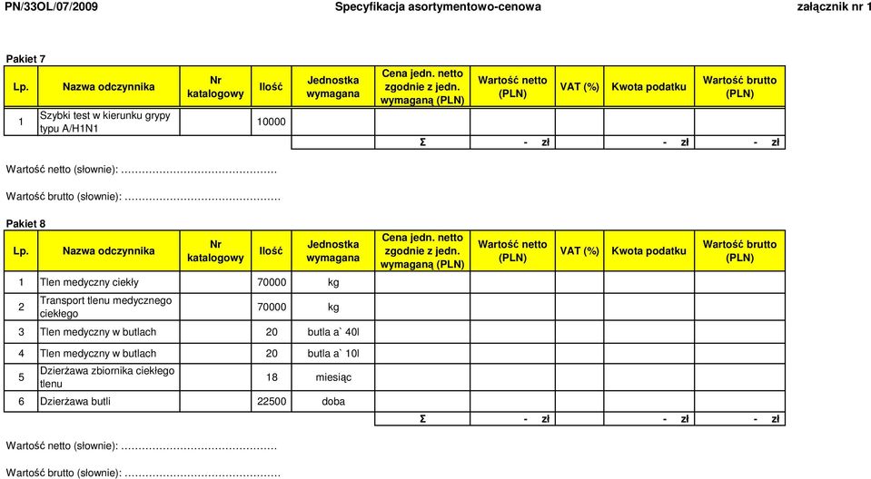 Transport tlenu medycznego ciekłego 70000 kg 3 Tlen medyczny w butlach 20 butla a` 40l 4 Tlen medyczny