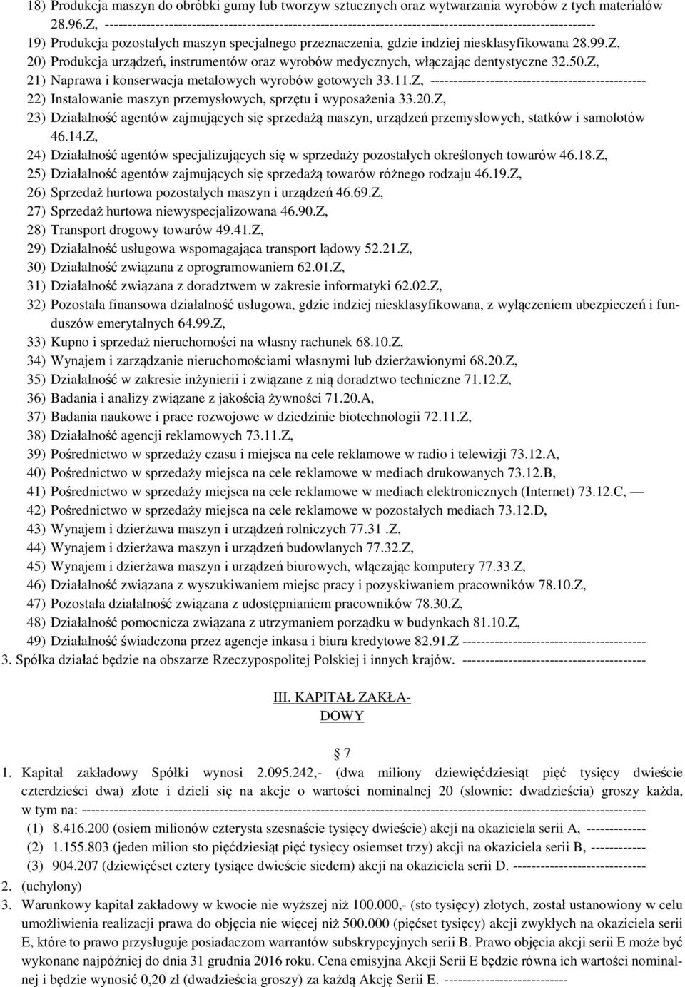 Z, 21) Naprawa i konserwacja metalowych wyrobów gotowych 33.11.Z, 22) Instalowanie maszyn przemysłowych, sprzętu i wyposażenia 33.20.