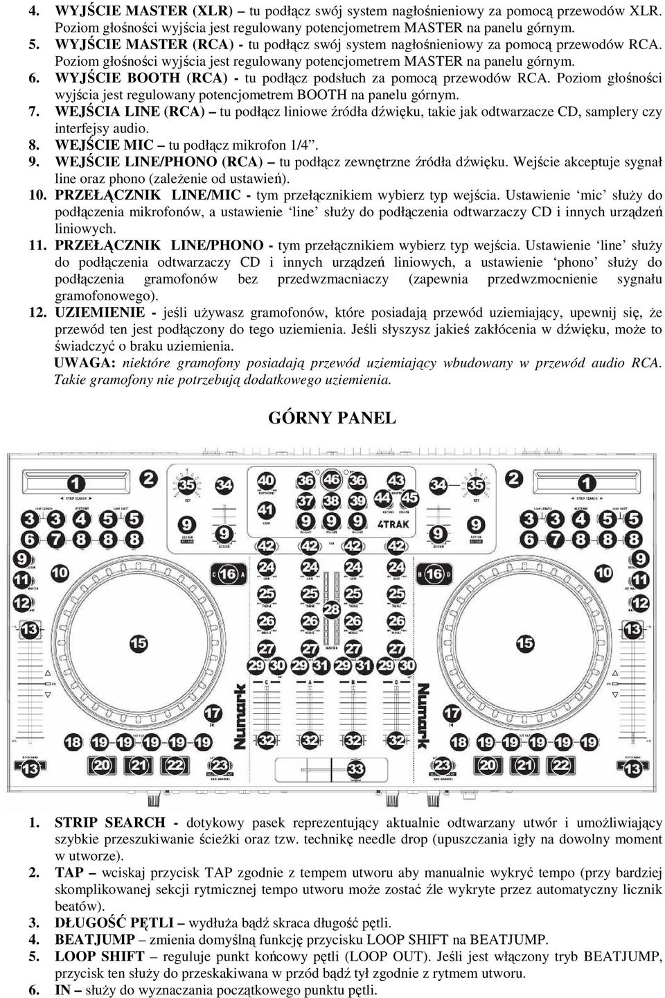 WYJŚCIE BOOTH (RCA) - tu podłącz podsłuch za pomocą przewodów RCA. Poziom głośności wyjścia jest regulowany potencjometrem BOOTH na panelu górnym. 7.