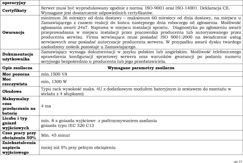 minimum 36 miesięcy od dnia dostawy maksimum 60 miesięcy od dnia dostawy, na miejscu u Zamawiającego z czasem reakcji do końca następnego dnia roboczego od zgłoszenia.