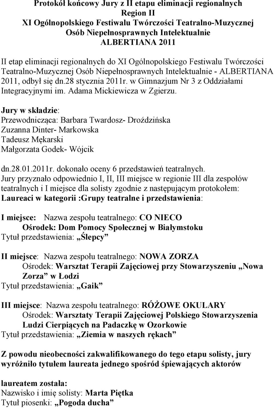 Jury przyznało odpowiednio I, II, III miejsce w regionie III dla zespołów teatralnych i I miejsce dla solisty zgodnie z następującym protokołem: I miejsce: Nazwa zespołu teatralnego: CO NIECO