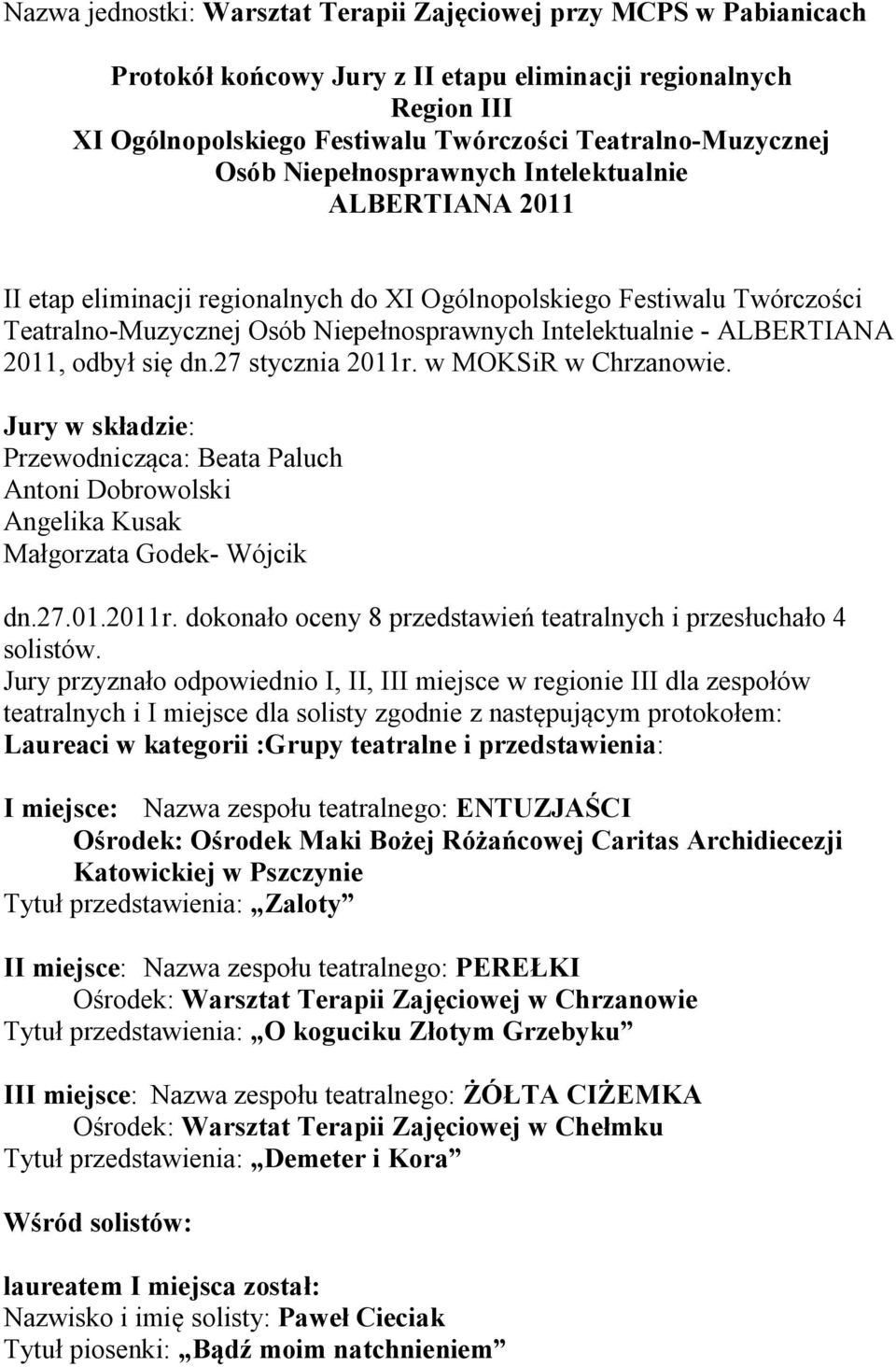 dokonało oceny 8 przedstawień teatralnych i przesłuchało 4 Jury przyznało odpowiednio I, II, III miejsce w regionie III dla zespołów teatralnych i I miejsce dla solisty zgodnie z następującym