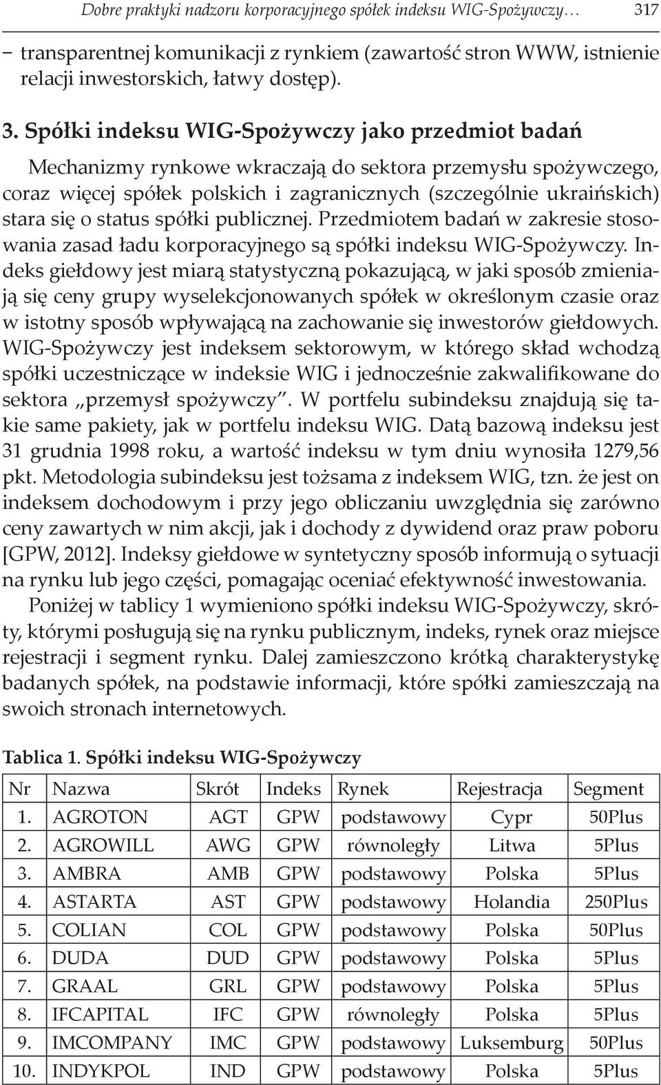 Spółki indeksu WIG-Spożywczy jako przedmiot badań Mechanizmy rynkowe wkraczają do sektora przemysłu spożywczego, coraz więcej spółek polskich i zagranicznych (szczególnie ukraińskich) stara się o