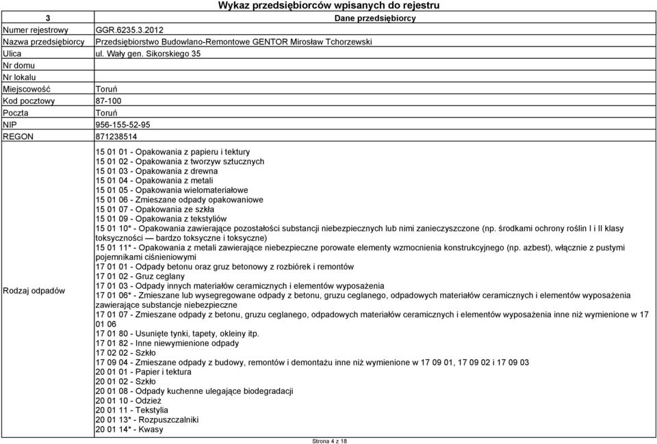 tworzyw sztucznych 15 01 03 - Opakowania z drewna 15 01 04 - Opakowania z metali 15 01 05 - Opakowania wielomateriałowe 15 01 06 - Zmieszane odpady opakowaniowe 15 01 07 - Opakowania ze szkła 15 01