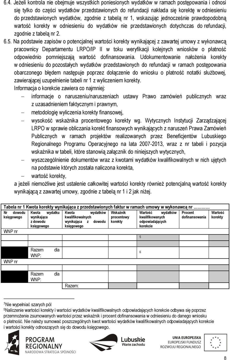 5. Na podstawie zapisów o potencjalnej wartości korekty wynikającej z zawartej umowy z wykonawcą pracownicy Departamentu LRPO/IP II w toku weryfikacji kolejnych wniosków o płatność odpowiednio