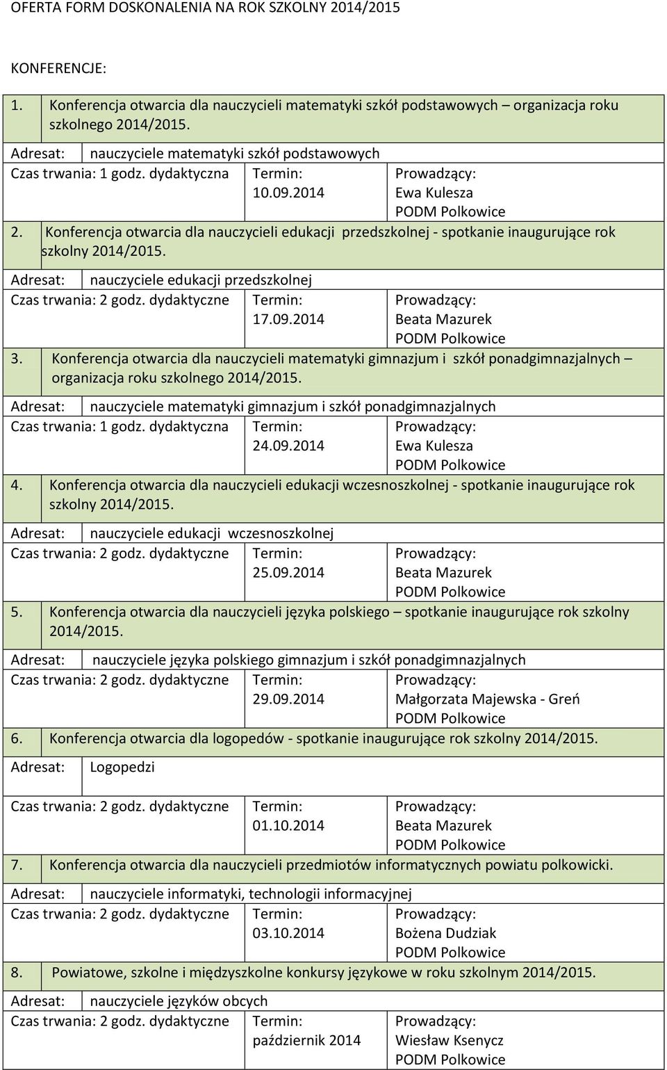nauczyciele edukacji przedszkolnej 2 godz. dydaktyczne 17.09.2014 3. Konferencja otwarcia dla nauczycieli matematyki gimnazjum i szkół ponadgimnazjalnych organizacja roku szkolnego 2014/2015.