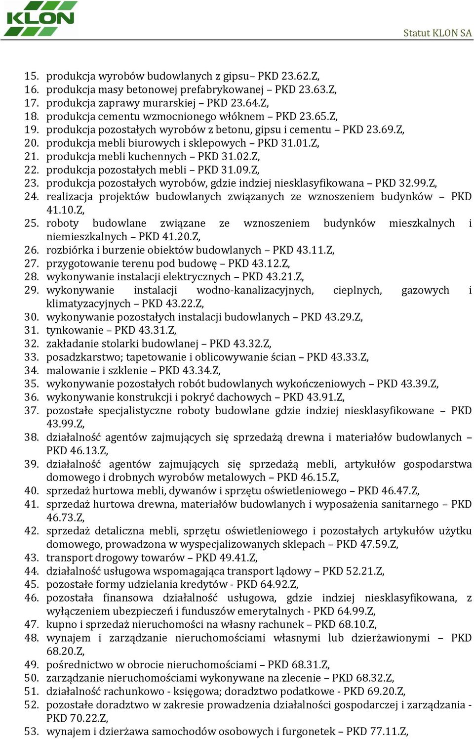 produkcja mebli kuchennych PKD 31.02.Z, 22. produkcja pozostałych mebli PKD 31.09.Z, 23. produkcja pozostałych wyrobów, gdzie indziej niesklasyfikowana PKD 32.99.Z, 24.