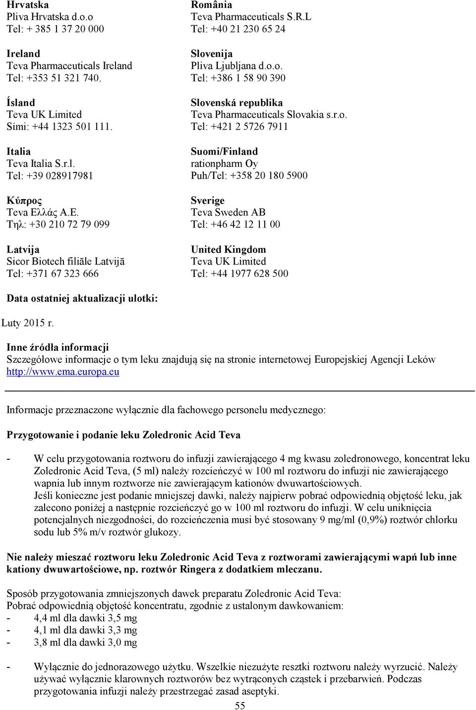 r.o. Tel: +421 2 5726 7911 Suomi/Finland rationpharm Oy Puh/Tel: +358 20 180 5900 Sverige Teva Sweden AB Tel: +46 42 12 11 00 United Kingdom Teva UK Limited Tel: +44 1977 628 500 Data ostatniej