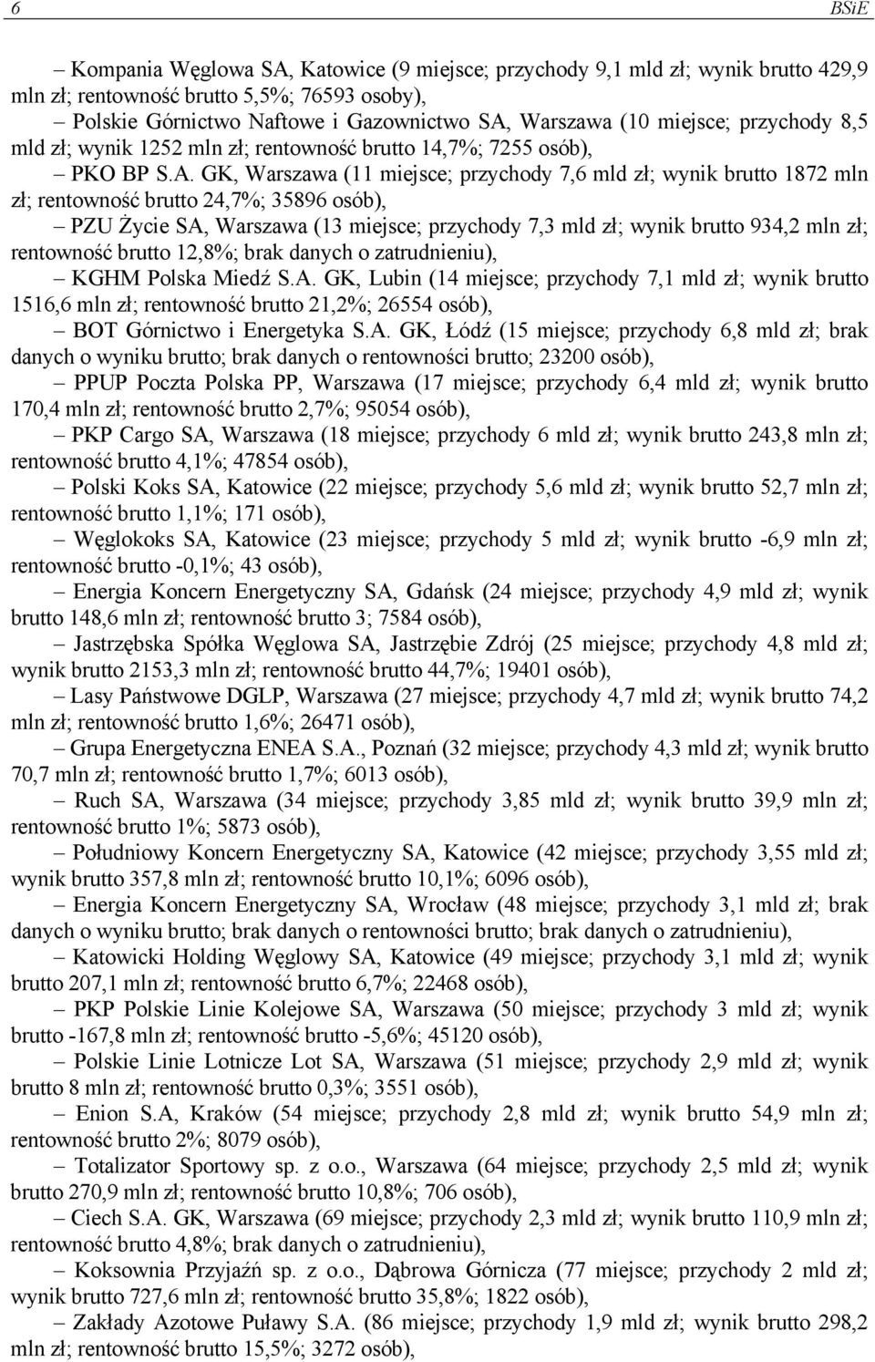 GK, Warszawa (11 miejsce; przychody 7,6 mld zł; wynik brutto 1872 mln zł; rentowność brutto 24,7%; 35896 osób), PZU Życie SA, Warszawa (13 miejsce; przychody 7,3 mld zł; wynik brutto 934,2 mln zł;