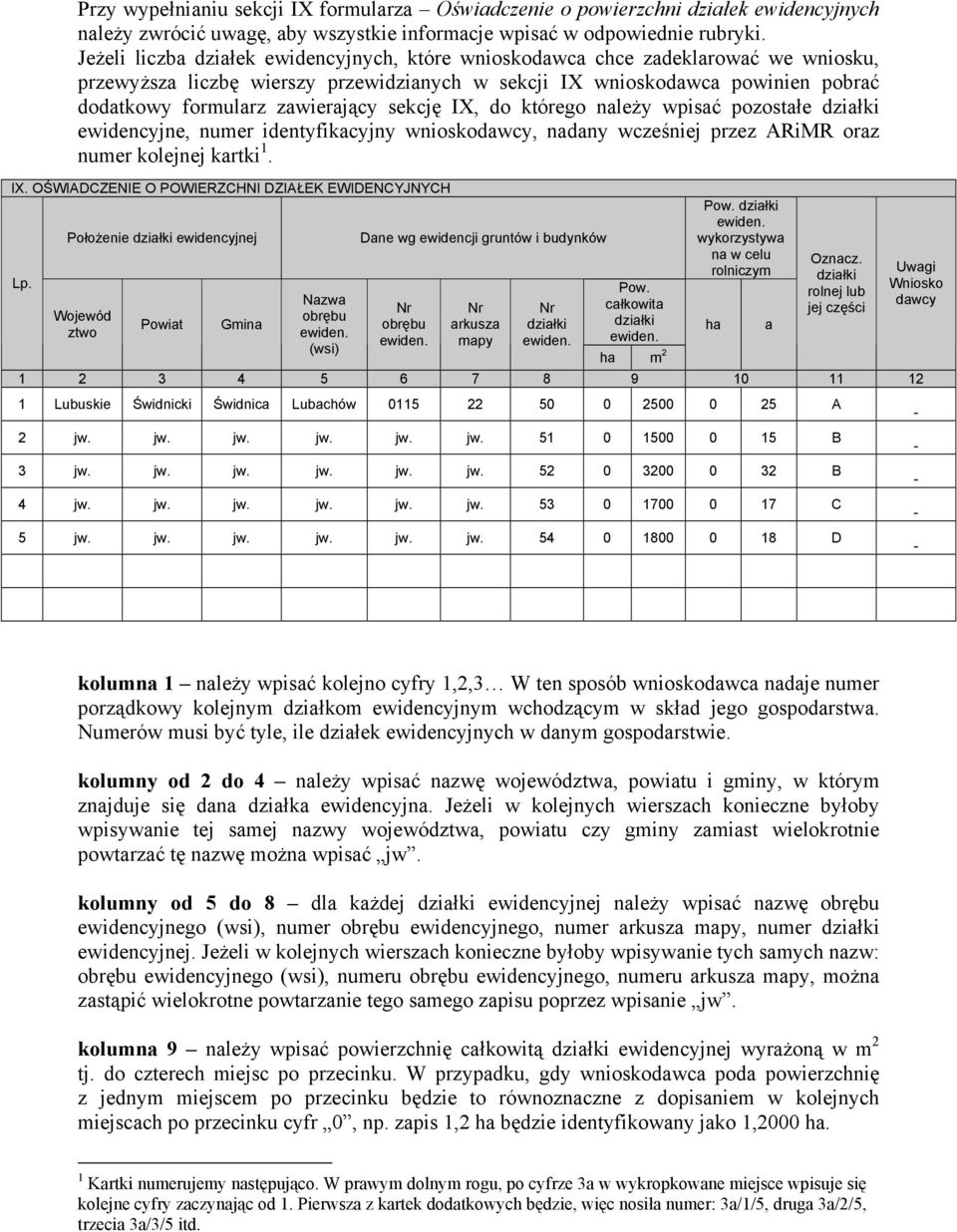 sekcję IX, do którego należy wpisać pozostałe działki ewidencyjne, numer identyfikacyjny wnioskodawcy, nadany wcześniej przez ARiMR oraz numer kolejnej kartki 1. IX. OŚWIADCZENIE O POWIERZCHNI DZIAŁEK EWIDENCYJNYCH Lp.