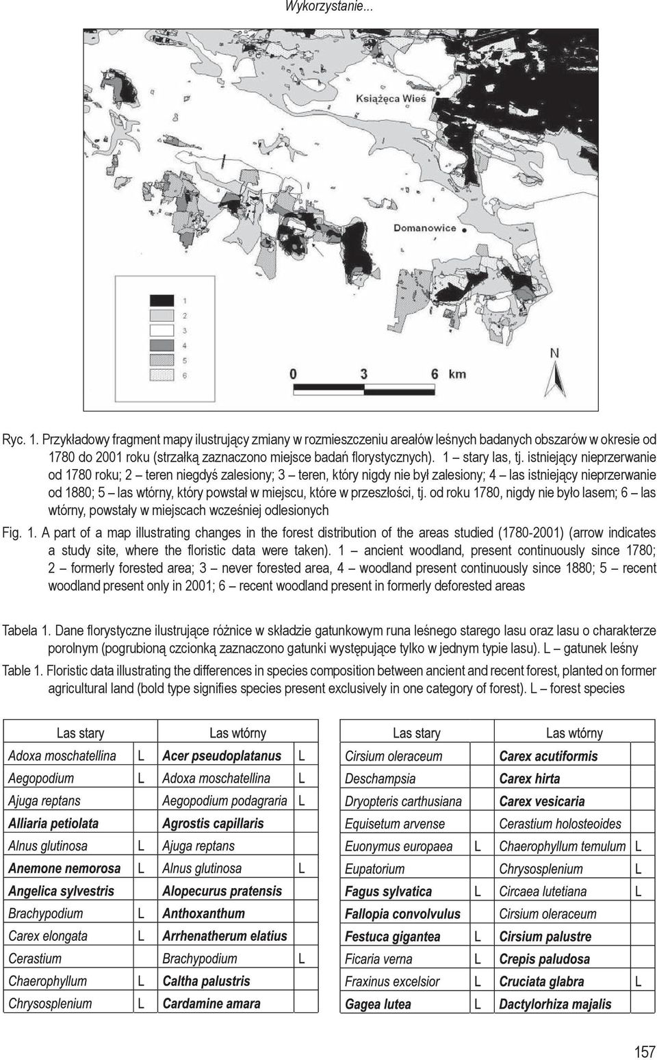 istniejący nieprzerwanie od 1780 roku; 2 teren niegdyś zalesiony; 3 teren, który nigdy nie był zalesiony; 4 las istniejący nieprzerwanie od 1880; 5 las wtórny, który powstał w miejscu, które w