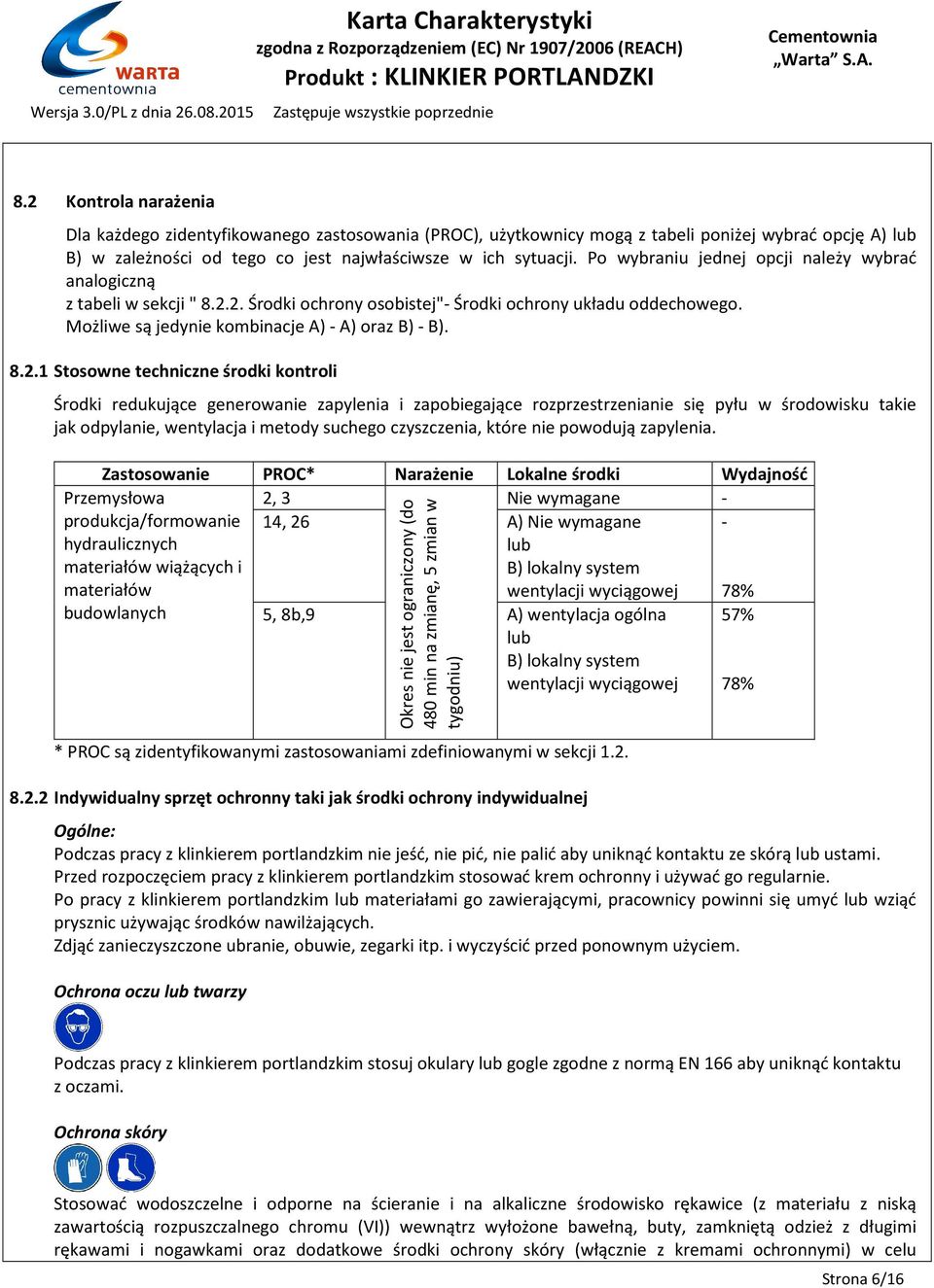 2. Środki ochrony osobistej"- Środki ochrony układu oddechowego. Możliwe są jedynie kombinacje A) - A) oraz B) - B). 8.2.1 Stosowne techniczne środki kontroli Środki redukujące generowanie zapylenia