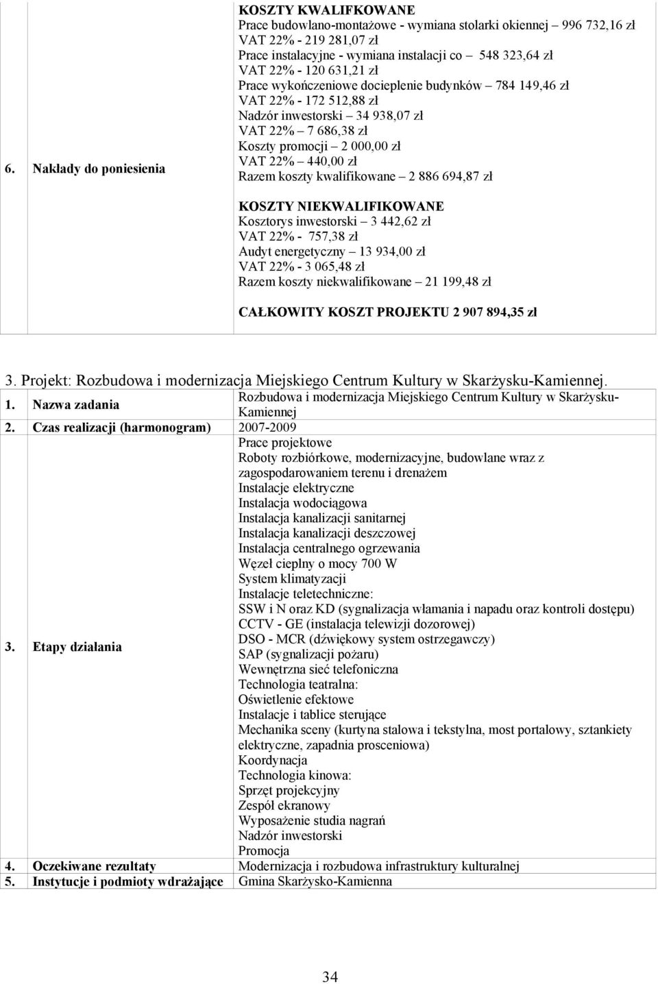 Razem koszty kwalifikowane 2 886 694,87 zł KOSZTY NIEKWALIFIKOWANE Kosztorys inwestorski 3 442,62 zł VAT 22% - 757,38 zł Audyt energetyczny 13 934,00 zł VAT 22% - 3 065,48 zł Razem koszty