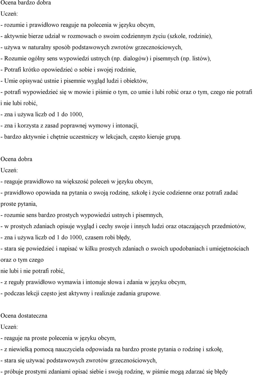 listów), - Potrafi krótko opowiedzieć o sobie i swojej rodzinie, - Umie opisywać ustnie i pisemnie wygląd ludzi i obiektów, - potrafi wypowiedzieć się w mowie i piśmie o tym, co umie i lubi robić