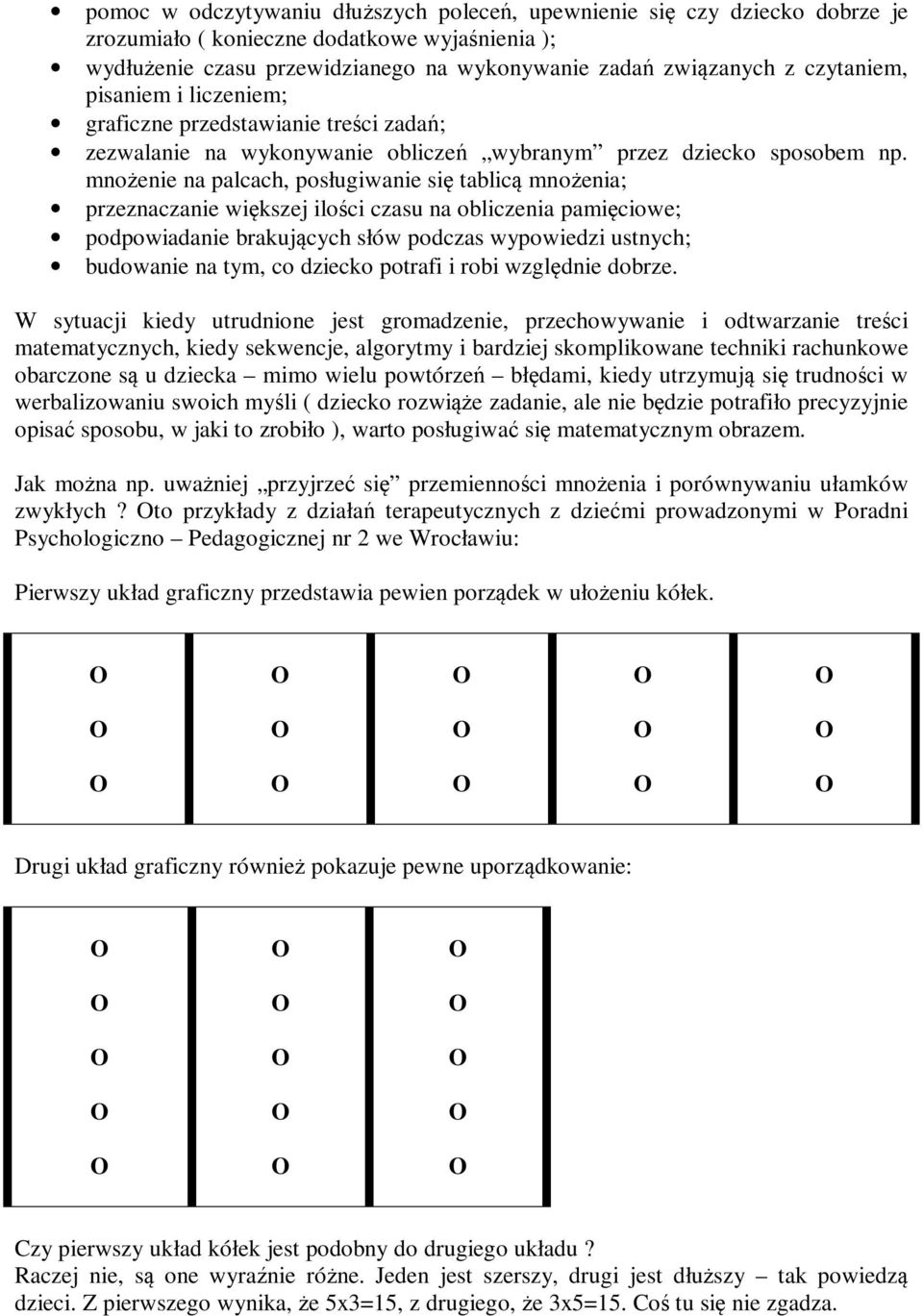 mnożenie na palcach, posługiwanie się tablicą mnożenia; przeznaczanie większej ilości czasu na obliczenia pamięciowe; podpowiadanie brakujących słów podczas wypowiedzi ustnych; budowanie na tym, co