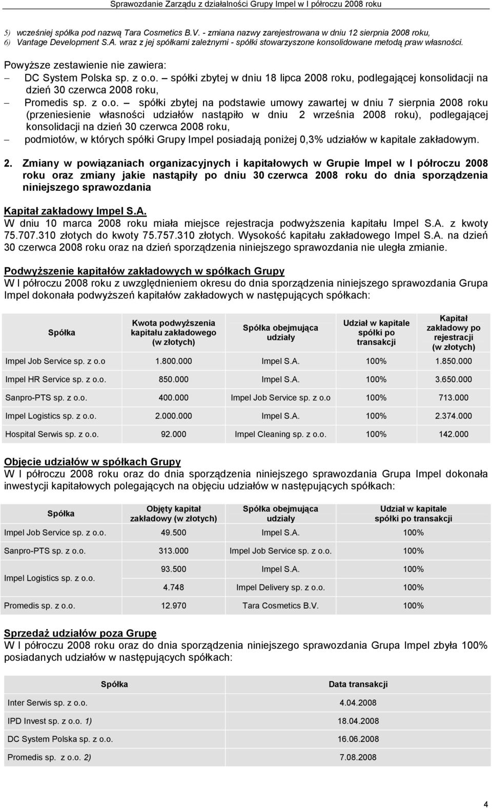 PowyŜsze zestawienie nie zawiera: DC System Polska spółki zbytej w dniu 18 lipca 2008 roku, podlegającej konsolidacji na dzień 30 czerwca 2008 roku, Promedis spółki zbytej na podstawie umowy zawartej