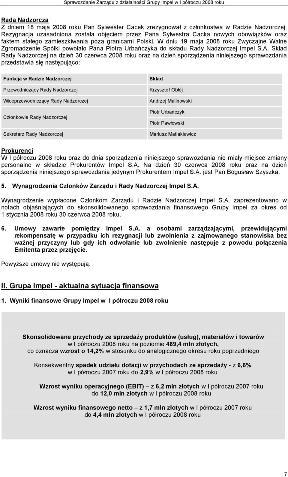 W dniu 19 maja 2008 roku Zwyczajne Walne Zgromadzenie Spółki powołało Pana Piotra Urbańczyka do składu Rady Nadzorczej Impel S.A.