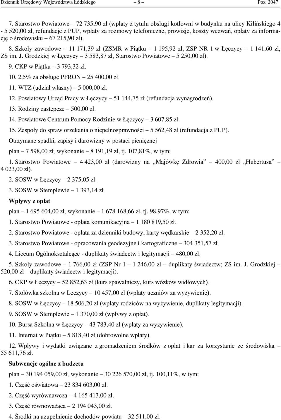 informację o środowisku 67 215,90 zł). 8. Szkoły zawodowe 11 171,39 zł (ZSMR w Piątku 1 195,92 zł, ZSP NR 1 w Łęczycy 1 141,60 zł, ZS im. J.