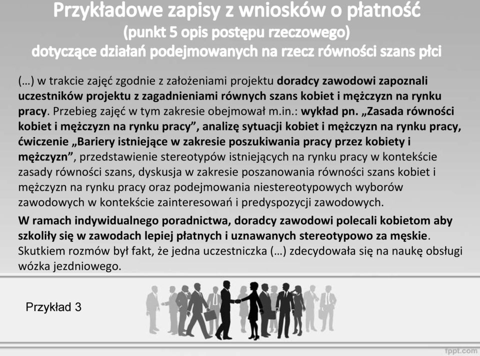 Zasada równości kobiet i mężczyzn na rynku pracy, analizę sytuacji kobiet i mężczyzn na rynku pracy, ćwiczenie Bariery istniejące w zakresie poszukiwania pracy przez kobiety i mężczyzn,