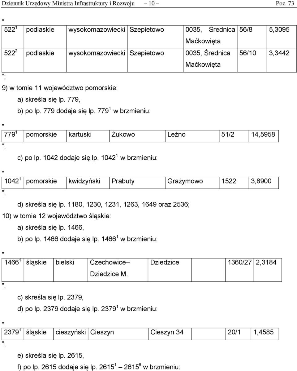 pomorskie: a) skreśla się lp. 779, b) po lp. 779 dodaje się lp. 779 1 w brzmieniu: 779 1 pomorskie kartuski Żukowo Leźno 51/2 14,5958 c) po lp. 1042 dodaje się lp.