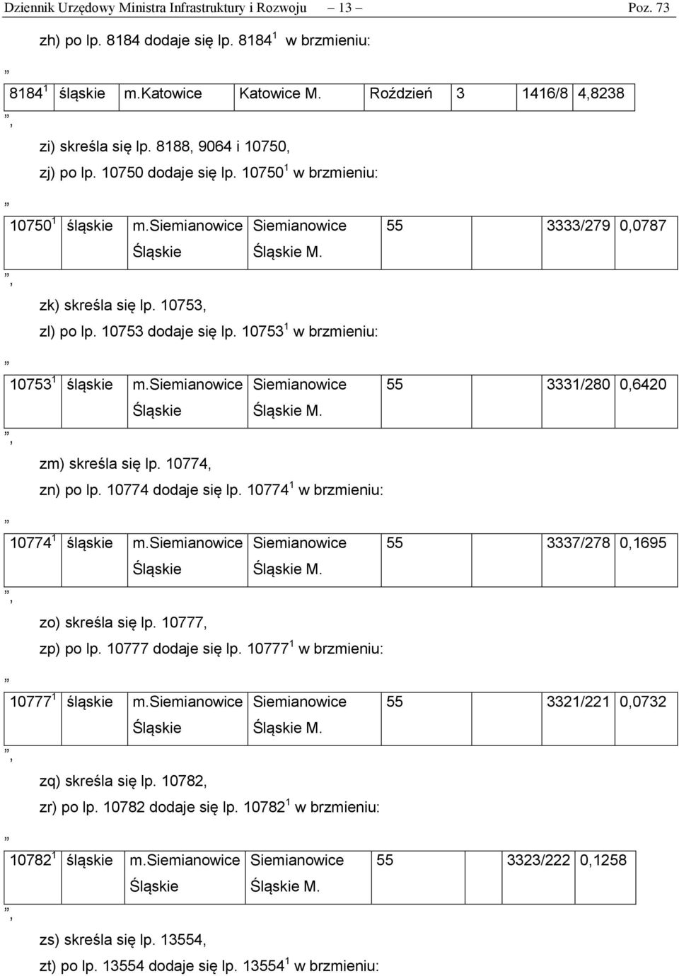 10753 dodaje się lp. 10753 1 w brzmieniu: 10753 1 śląskie m.siemianowice Siemianowice 55 3331/280 0,6420 Śląskie Śląskie M. zm) skreśla się lp. 10774, zn) po lp. 10774 dodaje się lp.