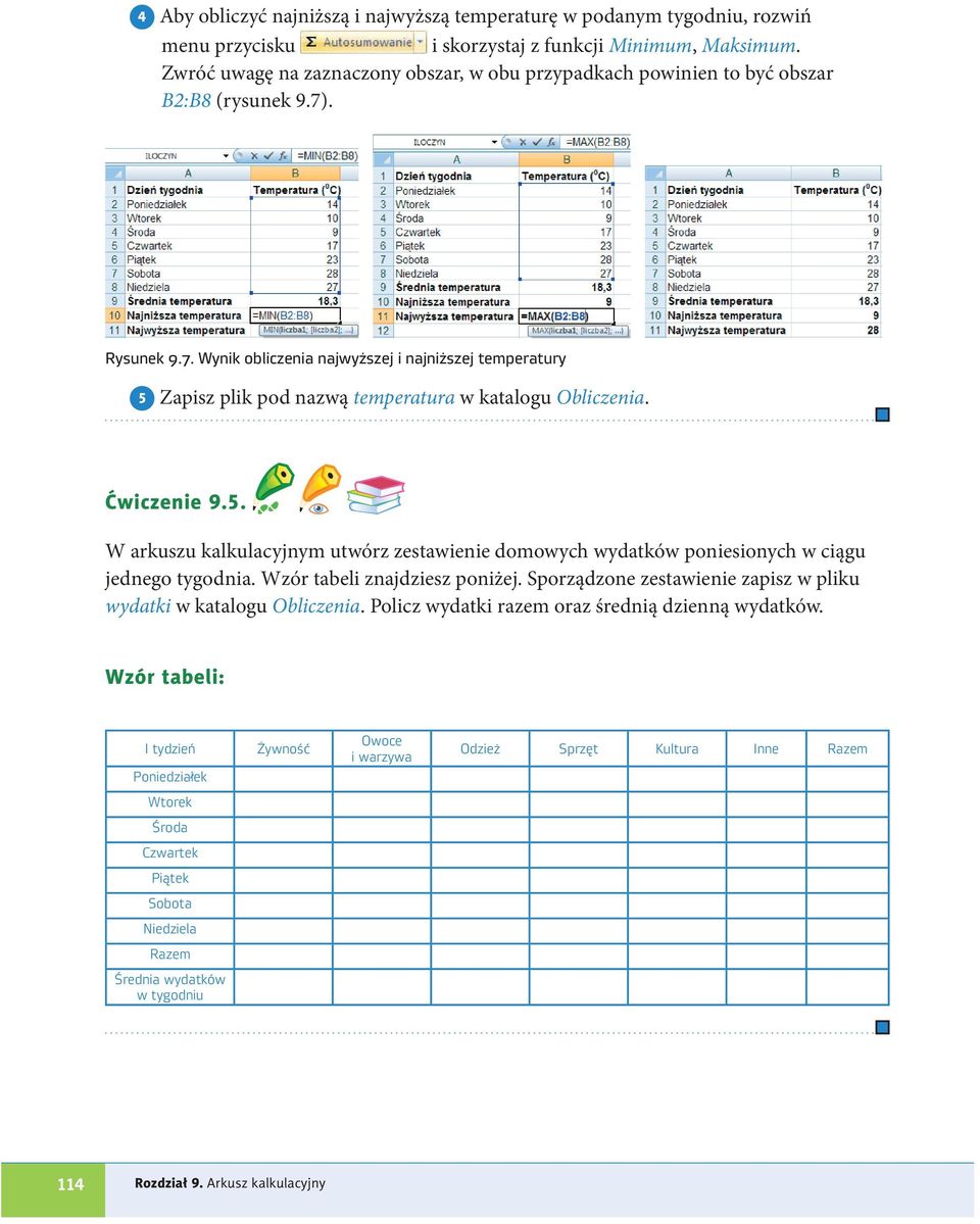 . Rysunek 9.7. Wynik obliczenia najwyższej i najniższej temperatury 5 Zapisz plik pod nazwą temperatura w katalogu Obliczenia. Ćwiczenie 9.5. W arkuszu kalkulacyjnym utwórz zestawienie domowych wydatków poniesionych w ciągu jednego tygodnia.