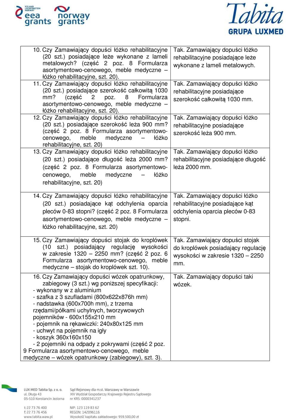 Czy Zamawiający dopuści łóżko rehabilitacyjne (20 szt.) posiadające szerokość leża 900 mm? (część 2 poz. 8 Formularza asortymentowocenowego, meble medyczne łóżko rehabilitacyjne, szt. 20) 13.