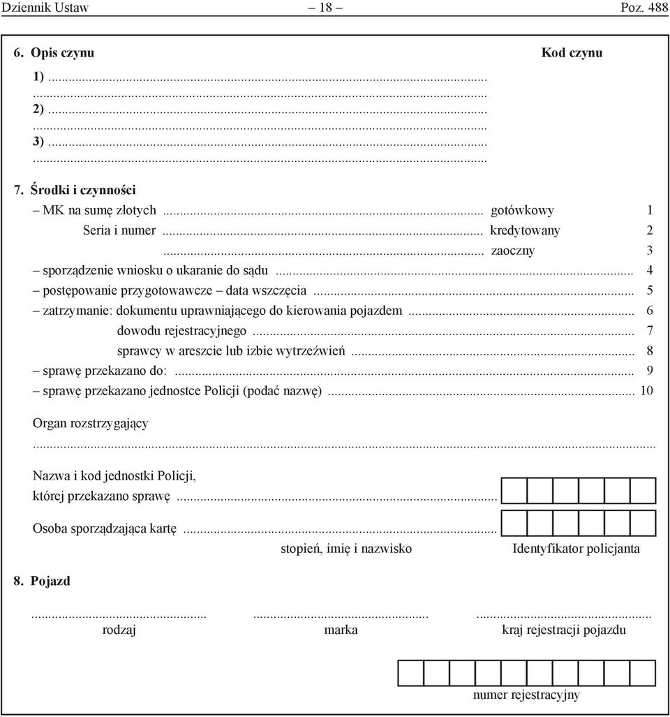 .. 6 dowodu rejestracyjnego... 7 sprawcy w areszcie lub izbie wytrzeźwień... 8 sprawę przekazano do:... 9 sprawę przekazano jednostce Policji (podać nazwę)... 1 Organ rozstrzygający.