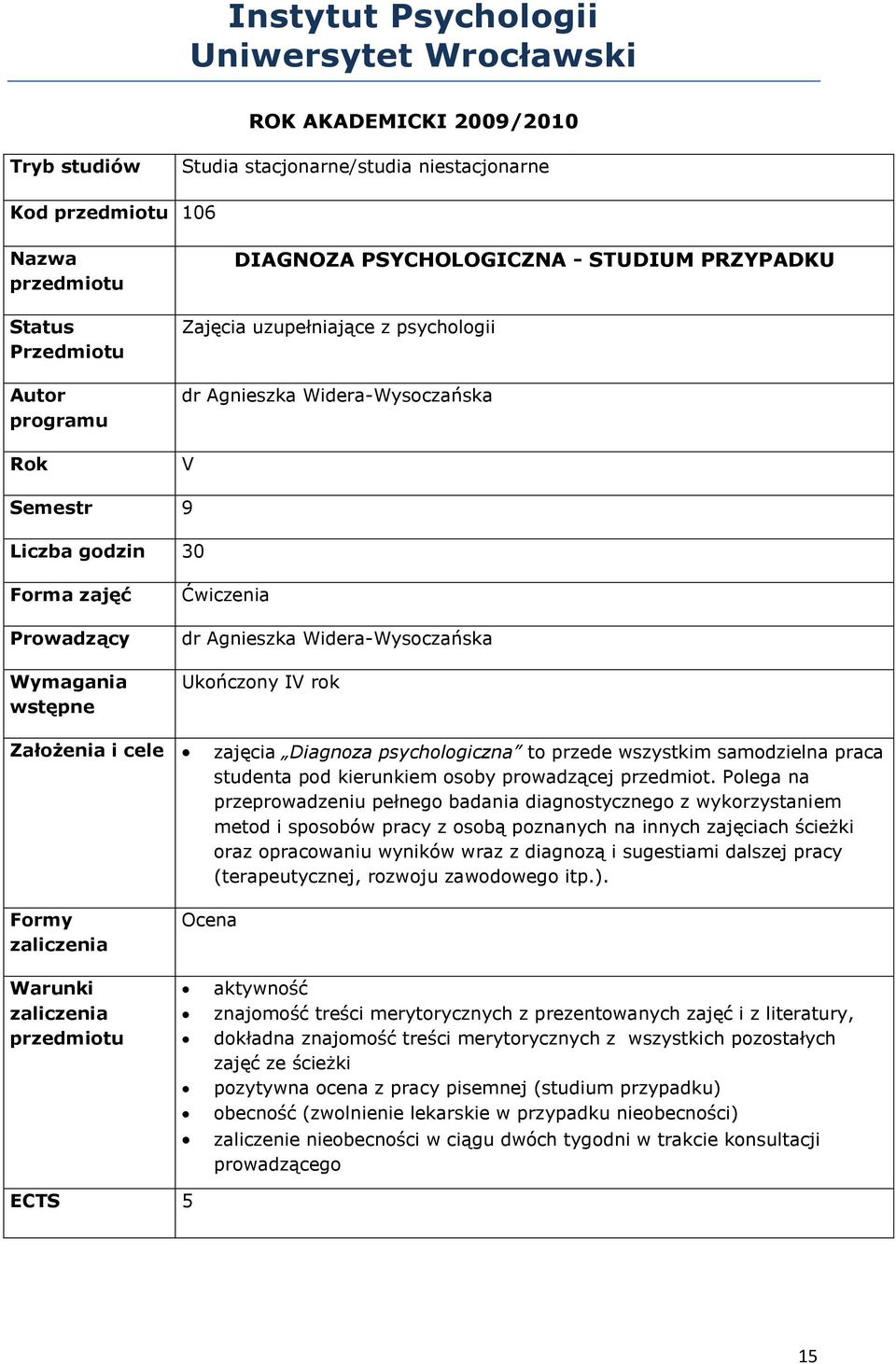 Ukończony IV rok Założenia i cele zajęcia Diagnoza psychologiczna to przede wszystkim samodzielna praca studenta pod kierunkiem osoby prowadzącej przedmiot.