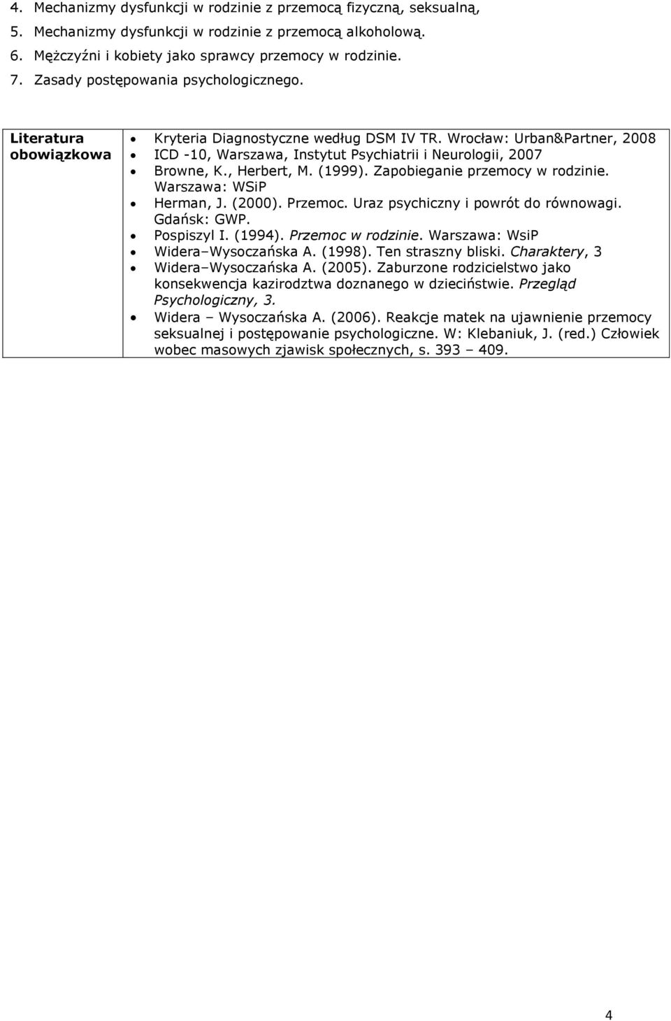 , Herbert, M. (1999). Zapobieganie przemocy w rodzinie. Warszawa: WSiP Herman, J. (2000). Przemoc. Uraz psychiczny i powrót do równowagi. Gdańsk: GWP. Pospiszyl I. (1994). Przemoc w rodzinie.