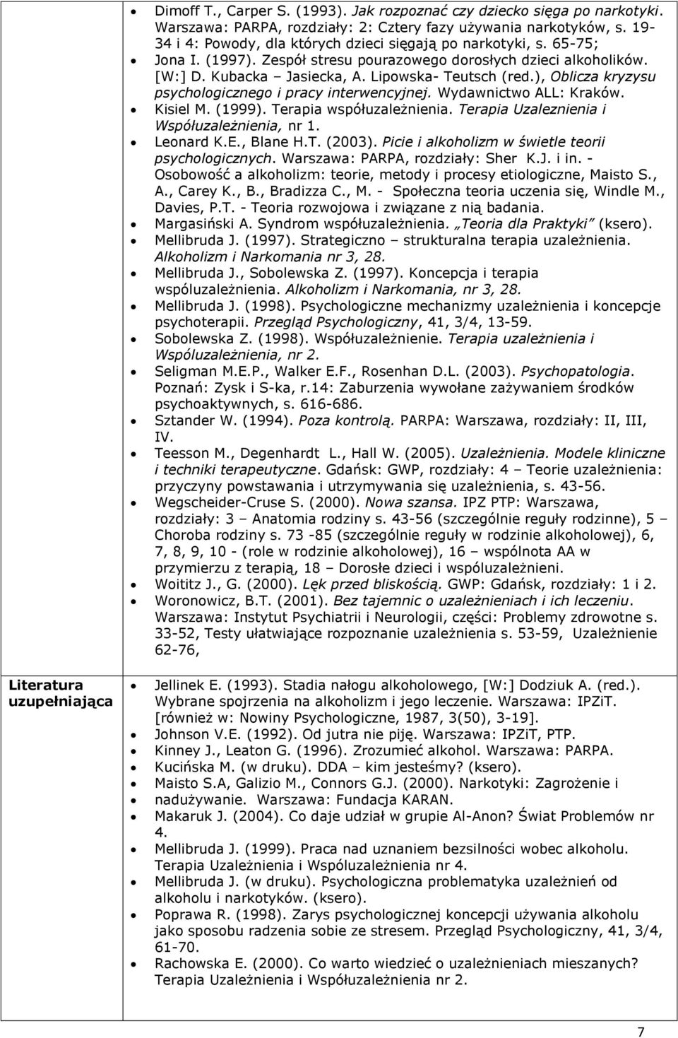 ), Oblicza kryzysu psychologicznego i pracy interwencyjnej. Wydawnictwo ALL: Kraków. Kisiel M. (1999). Terapia współuzależnienia. Terapia Uzaleznienia i Współuzależnienia, nr 1. Leonard K.E., Blane H.