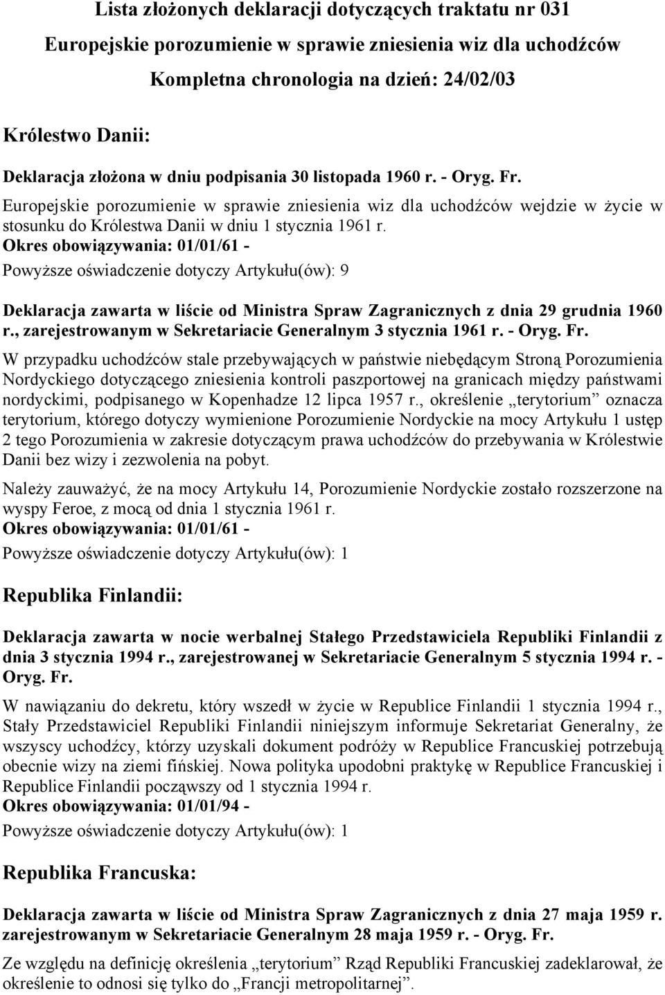 Okres obowiązywania: 01/01/61 - Powyższe oświadczenie dotyczy Artykułu(ów): 9 Deklaracja zawarta w liście od Ministra Spraw Zagranicznych z dnia 29 grudnia 1960 r.