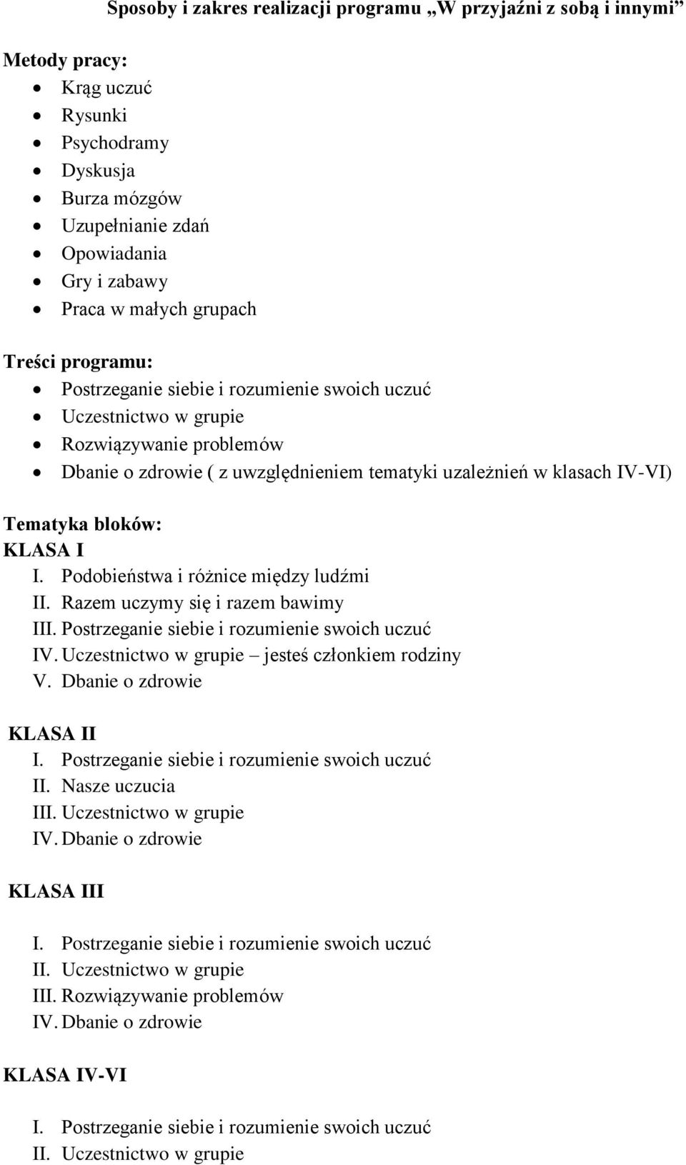 KLASA I I. Podobieństwa i różnice między ludźmi II. Razem uczymy się i razem bawimy III. Postrzeganie siebie i rozumienie swoich uczuć IV. Uczestnictwo w grupie jesteś członkiem rodziny V.