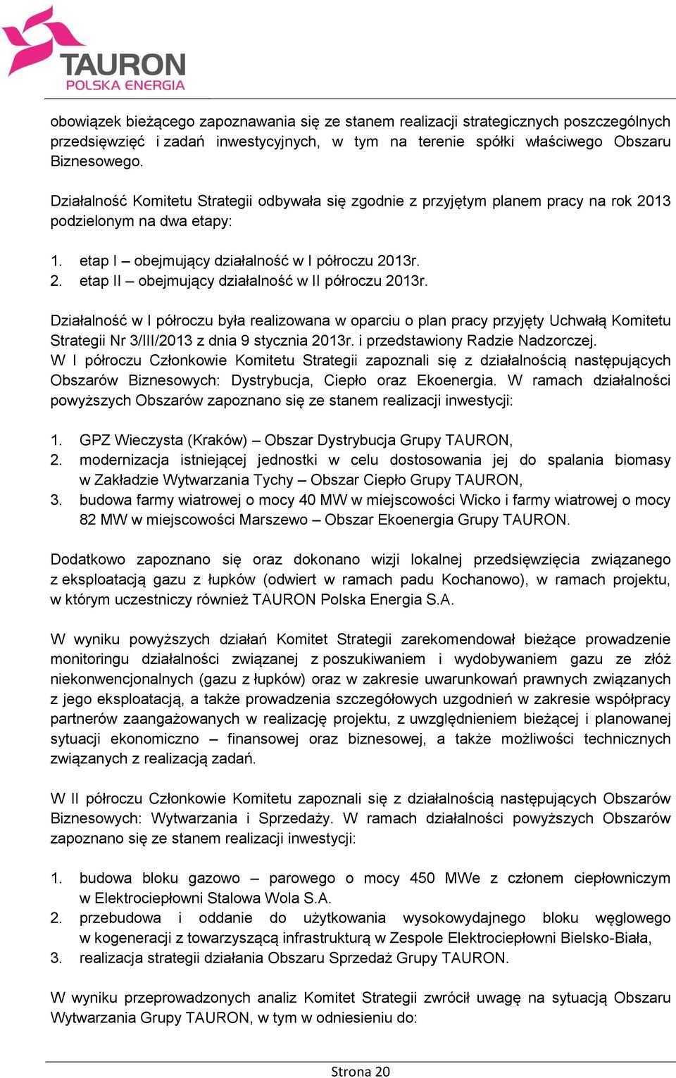 Działalność w I półroczu była realizowana w oparciu o plan pracy przyjęty Uchwałą Komitetu Strategii Nr 3/III/2013 z dnia 9 stycznia 2013r. i przedstawiony Radzie Nadzorczej.