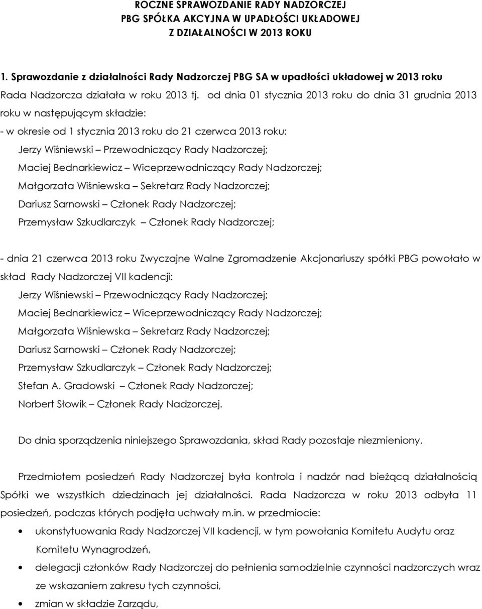 od dnia 01 stycznia 2013 roku do dnia 31 grudnia 2013 roku w następującym składzie: - w okresie od 1 stycznia 2013 roku do 21 czerwca 2013 roku: Jerzy Wiśniewski Przewodniczący Rady Nadzorczej;