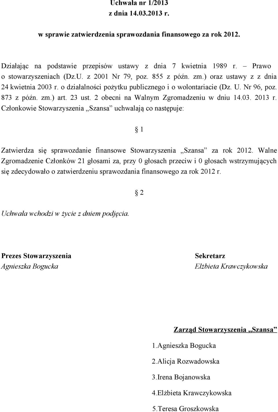 2 obecni na Walnym Zgromadzeniu w dniu 14.03. 2013 r. Członkowie Stowarzyszenia Szansa uchwalają co następuje: 1 Zatwierdza się sprawozdanie finansowe Stowarzyszenia Szansa za rok 2012.