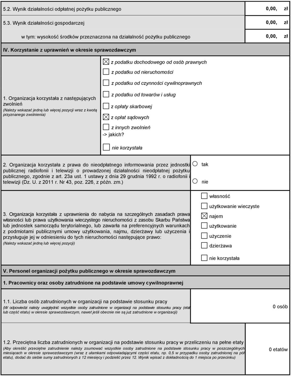 Organizacja korzystała z następujących zolń (Należy skazać jedną lub ięcej pozycji raz z kotą przyznanego zolnia) z podatku od toaró i usług z opłaty skarboej z opłat sądoych z innych zolń -> jakich?