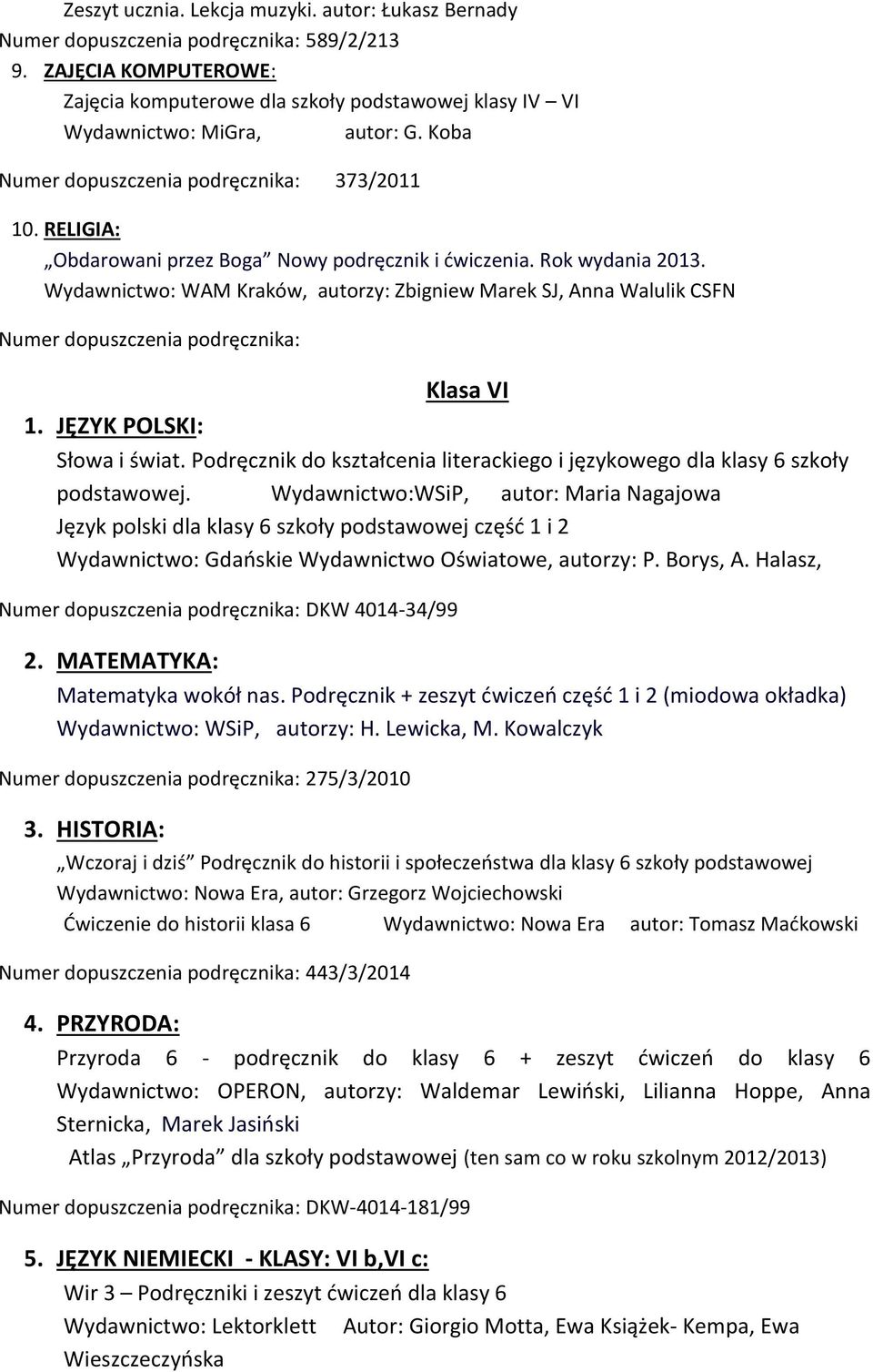 RELIGIA: Obdarowani przez Boga Nowy podręcznik i ćwiczenia. Rok wydania 2013. Wydawnictwo: WAM Kraków, autorzy: Zbigniew Marek SJ, Anna Walulik CSFN Numer dopuszczenia podręcznika: Klasa VI 1.