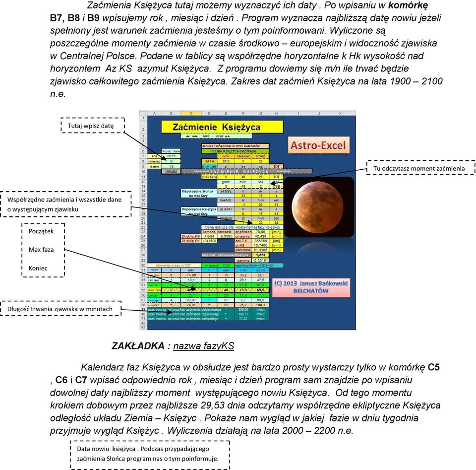Wyliczone są poszczególne momenty zaćmienia w czasie środkowo europejskim i widoczność zjawiska w Centralnej Polsce.