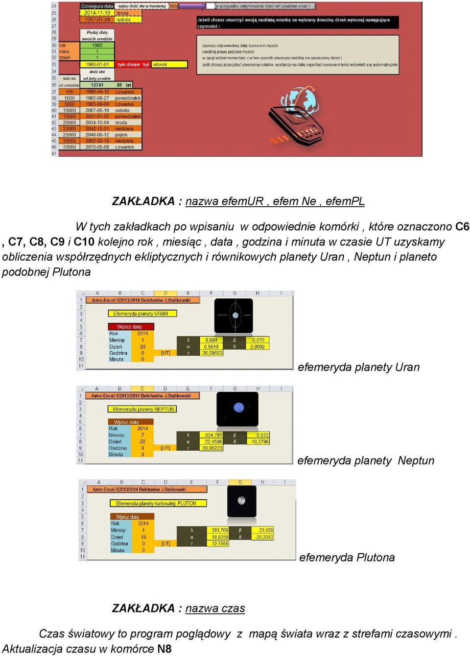 równikowych planety Uran, Neptun i planeto podobnej Plutona efemeryda planety Uran efemeryda planety Neptun efemeryda