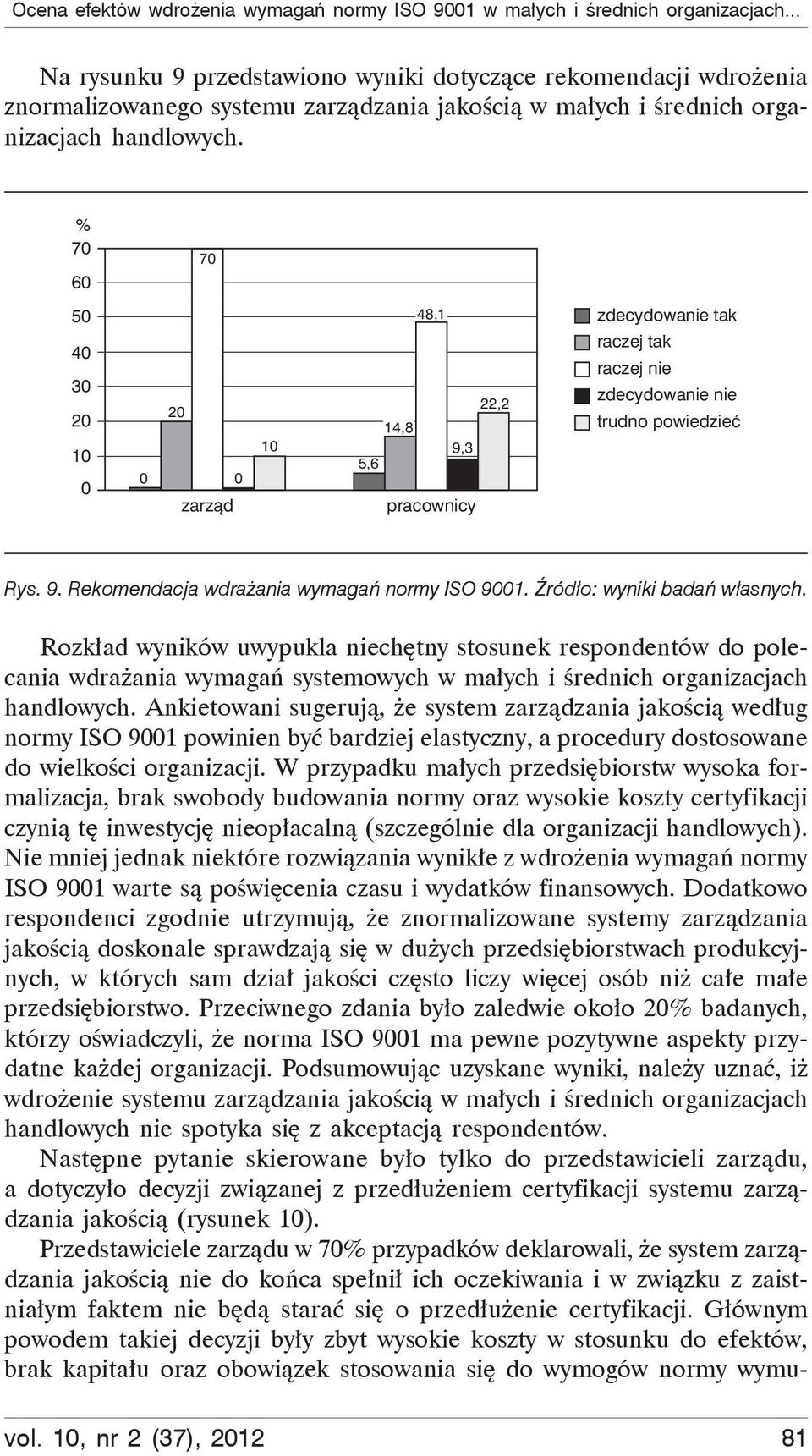 7 6 7 5 4 3 2 1 2 zarząd 1 48,1 22,2 14,8 9,3 5,6 pracownicy zdecydowanie tak raczej tak raczej nie zdecydowanie nie trudno powiedzieć Rys. 9. Rekomendacja wdra ania wymaga normy ISO 91.