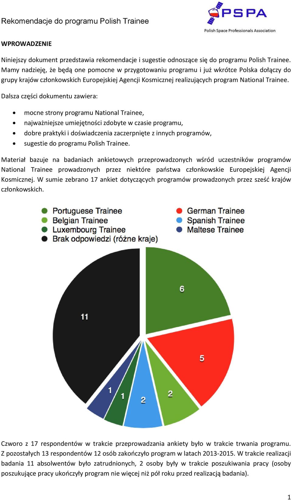 Dalsza części dokumentu zawiera: mocne strony programu National Trainee, najważniejsze umiejętności zdobyte w czasie programu, dobre praktyki i doświadczenia zaczerpnięte z innych programów, sugestie