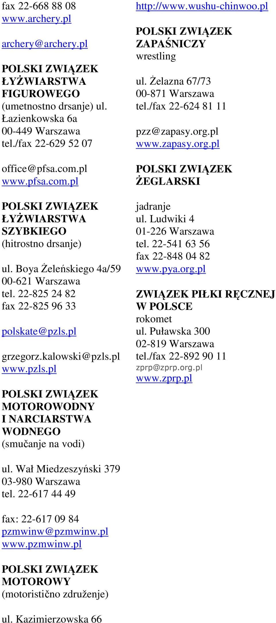 pl grzegorz.kalowski@pzls.pl www.pzls.pl MOTOROWODNY I NARCIARSTWA WODNEGO (smučanje na vodi) http://www.wushu-chinwoo.pl ZAPAŚNICZY wrestling ul. Żelazna 67/73 00-871 Warszawa tel.