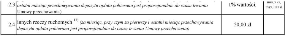 proporcjonalnie do czasu trwania Umowy przechowania) 4 innych rzeczy ruchomych 7) (za miesiąc, przy czym