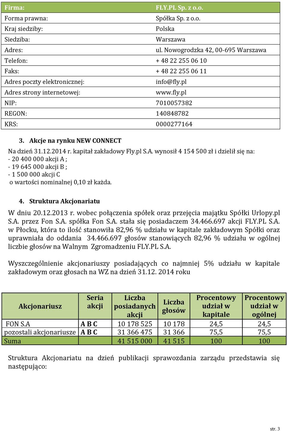 cje na rynku NEW CONNECT Na dzień 31.12.2014 r. kapitał zakładowy Fly.pl S.A.