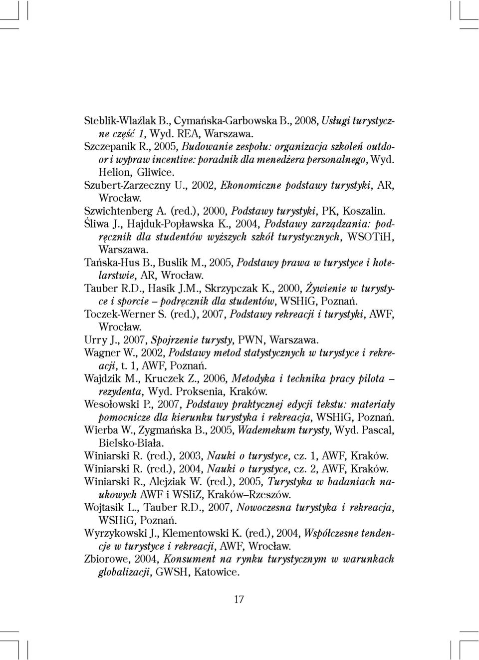 , 2002, Ekonomiczne podstawy turystyki, AR, Wroc³aw. Szwichtenberg A. (red.), 2000, Podstawy turystyki, PK, Koszalin. Œliwa J., Hajduk-Pop³awska K.