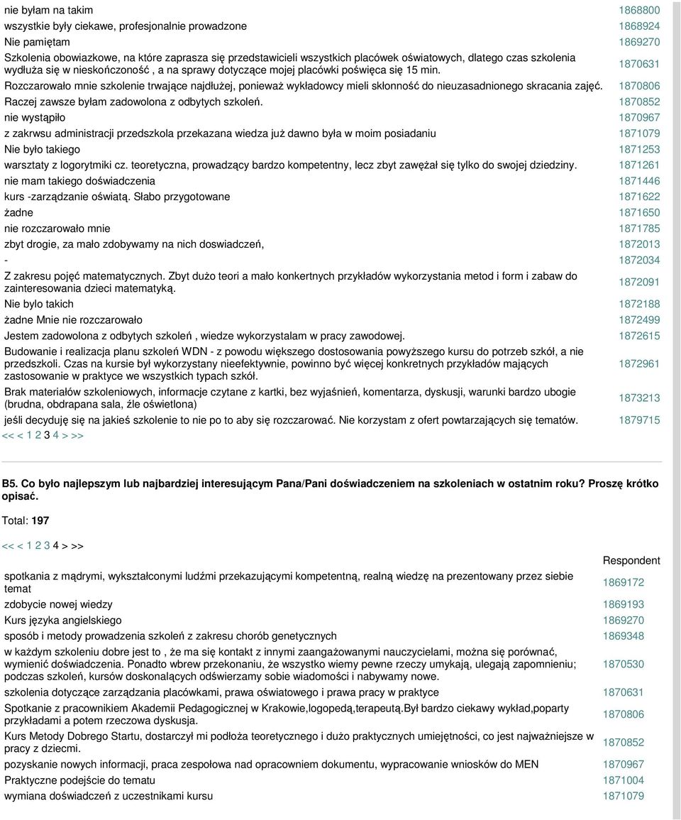 1870631 Rozczarowało mnie szkolenie trwające najdłuŝej, poniewaŝ wykładowcy mieli skłonność do nieuzasadnionego skracania zajęć. 1870806 Raczej zawsze byłam zadowolona z odbytych szkoleń.