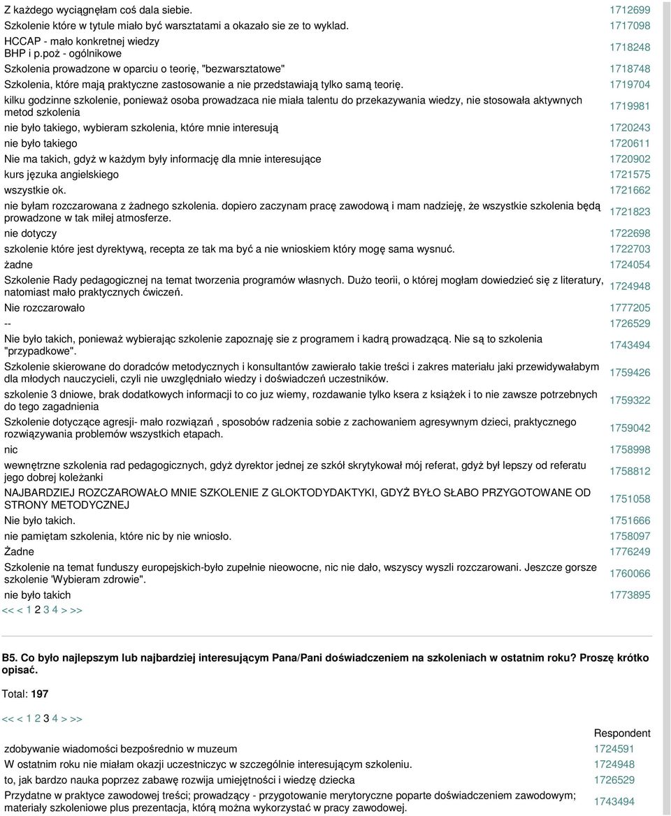 1719704 kilku godzinne szkolenie, poniewaŝ osoba prowadzaca nie miała talentu do przekazywania wiedzy, nie stosowała aktywnych metod szkolenia 1719981 nie było takiego, wybieram szkolenia, które mnie