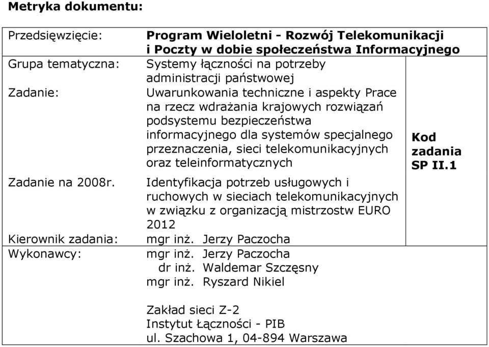 techniczne i aspekty Prace na rzecz wdrażania krajowych rozwiązań podsystemu bezpieczeństwa informacyjnego dla systemów specjalnego Kod przeznaczenia, sieci telekomunikacyjnych zadania oraz