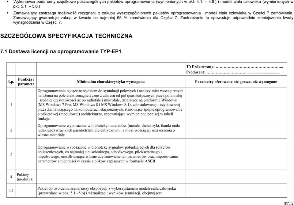 Zamawiający gwarantuje zakup w kwocie co najmniej 65 % zamówienia dla Części 7. Zastrzeżenie to spowoduje odpowiednie zmniejszenie kwoty wynagrodzenia w Części 7.